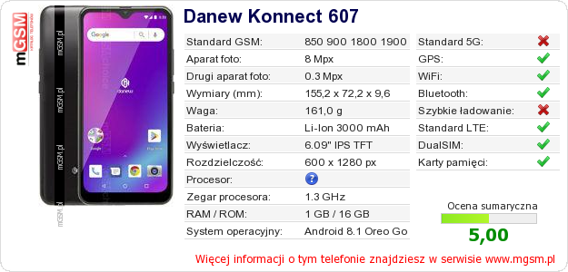 Dane telefonu Danew Konnect 607