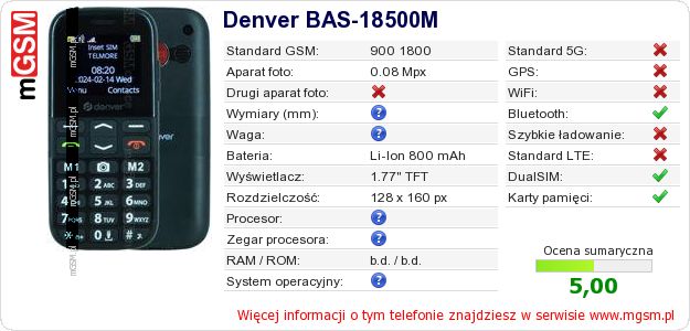 Dane telefonu Denver BAS-18500M