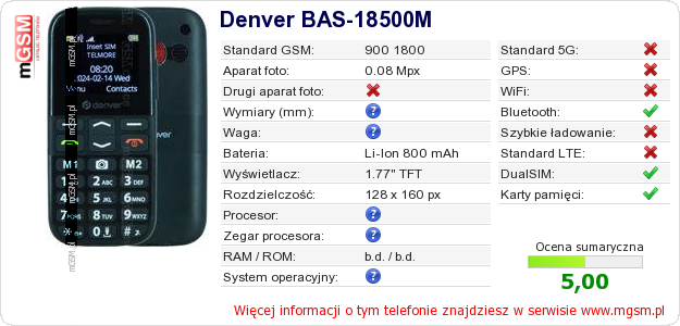 Dane telefonu Denver BAS-18500M