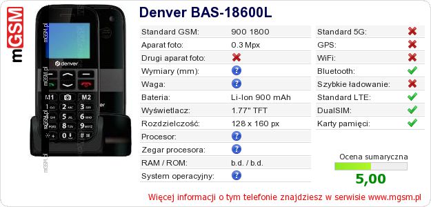 Dane telefonu Denver BAS-18600L