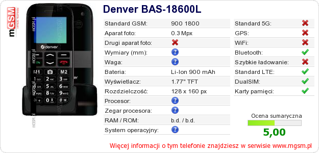 Dane telefonu Denver BAS-18600L