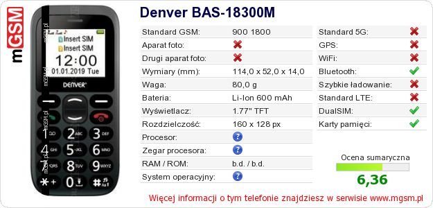 Dane telefonu Denver BAS-18300M Dane telefonu Denver BAS-18300M