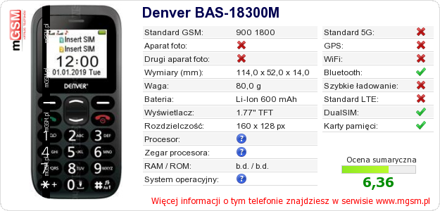 Dane telefonu Denver BAS-18300M Dane telefonu Denver BAS-18300M