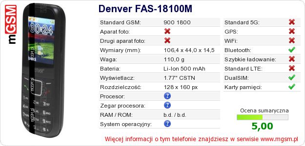 Dane telefonu Denver FAS-18100M Dane telefonu Denver FAS-18100M