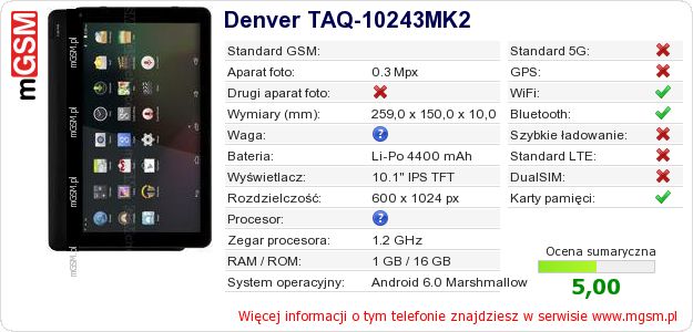 Dane telefonu Denver TAQ-10243MK2 Dane telefonu Denver TAQ-10243MK2