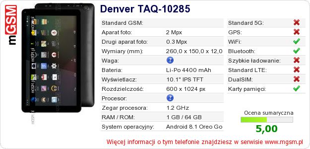 Dane telefonu Denver TAQ-10285