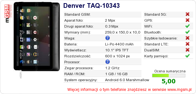 Dane telefonu Denver TAQ-10343 Dane telefonu Denver TAQ-10343