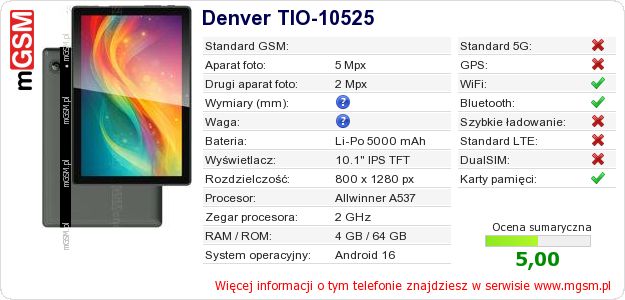 Dane telefonu Denver TIO-10525 Dane telefonu Denver TIO-10525