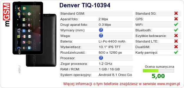 Dane telefonu Denver TIQ-10394