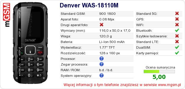 Dane telefonu Denver WAS-18110M Dane telefonu Denver WAS-18110M