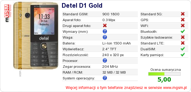Dane telefonu Detel D1 Gold
