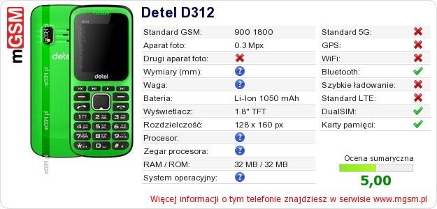 Dane telefonu Detel D312 Dane telefonu Detel D312