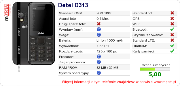 Dane telefonu Detel D313