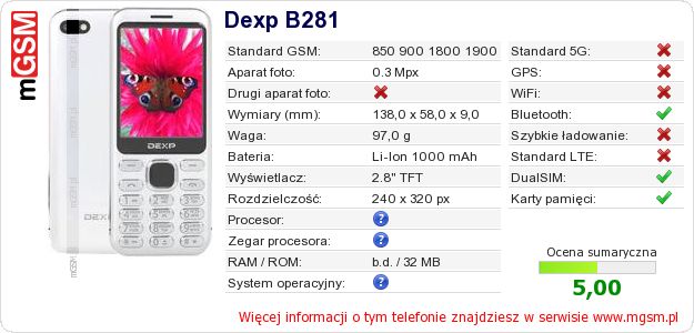Dane telefonu Dexp B281 Dane telefonu Dexp B281