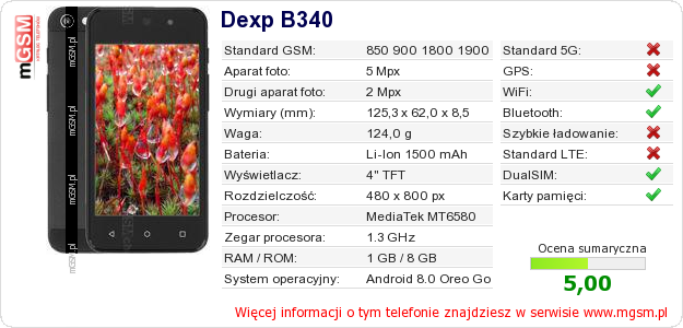 Dane telefonu Dexp B340