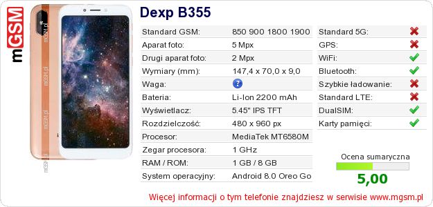 Dane telefonu Dexp B355 Dane telefonu Dexp B355