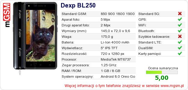 Dane telefonu Dexp BL250 Dane telefonu Dexp BL250