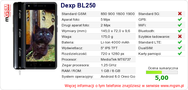 Dane telefonu Dexp BL250