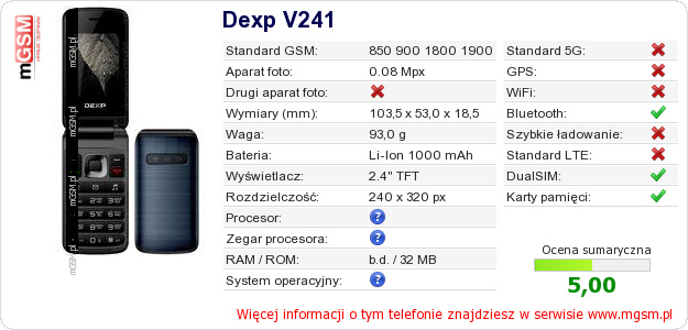 Dane telefonu Dexp V241 Dane telefonu Dexp V241