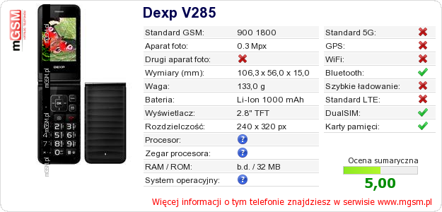 Dane telefonu Dexp V285