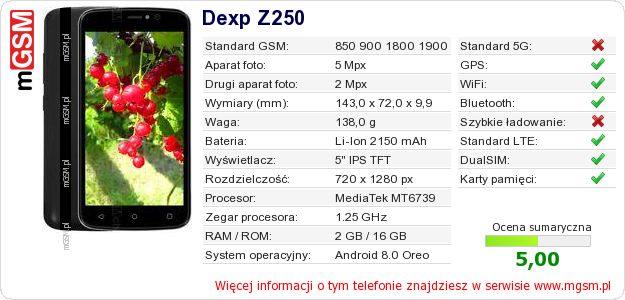 Dane telefonu Dexp Z250 Dane telefonu Dexp Z250