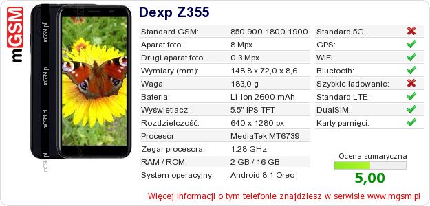 Dane telefonu Dexp Z355 Dane telefonu Dexp Z355