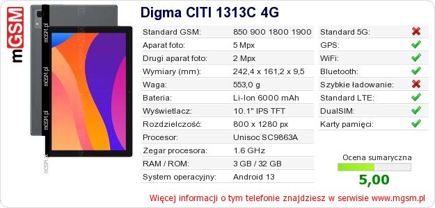 Dane telefonu Digma CITI 1313C 4G Dane telefonu Digma CITI 1313C 4G