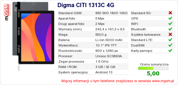 Dane telefonu Digma CITI 1313C 4G Dane telefonu Digma CITI 1313C 4G