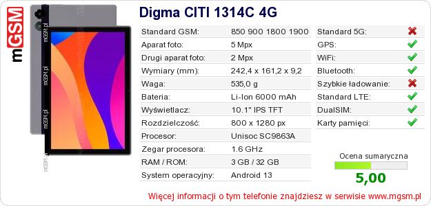 Dane telefonu Digma CITI 1314C 4G Dane telefonu Digma CITI 1314C 4G