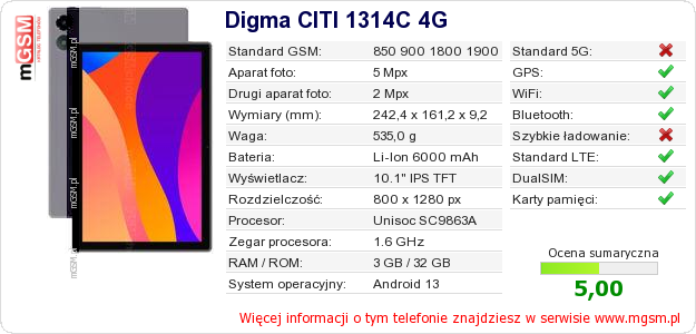 Dane telefonu Digma CITI 1314C 4G Dane telefonu Digma CITI 1314C 4G