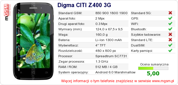 Dane telefonu Digma CITI Z400 3G