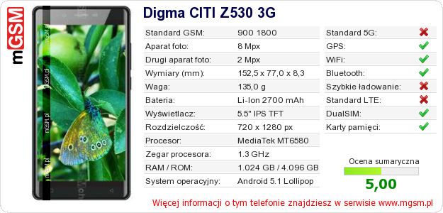 Dane telefonu Digma CITI Z530 3G