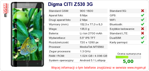Dane telefonu Digma CITI Z530 3G