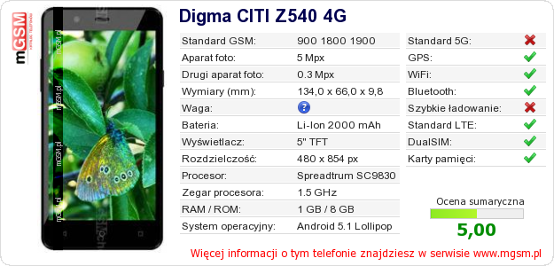 Dane telefonu Digma CITI Z540 4G
