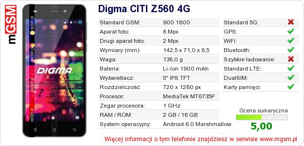 Dane telefonu Digma CITI Z560 4G Dane telefonu Digma CITI Z560 4G