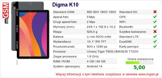 Dane telefonu Digma K10 Dane telefonu Digma K10