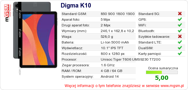 Dane telefonu Digma K10 Dane telefonu Digma K10