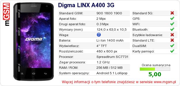 Dane telefonu Digma LINX A400 3G Dane telefonu Digma LINX A400 3G