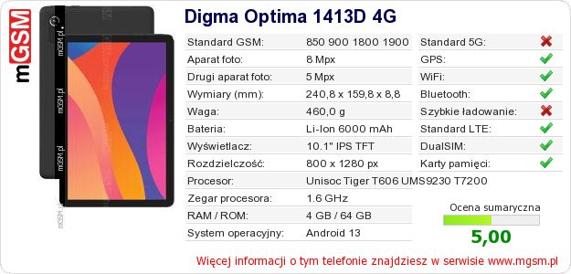 Dane telefonu Digma Optima 1413D 4G Dane telefonu Digma Optima 1413D 4G