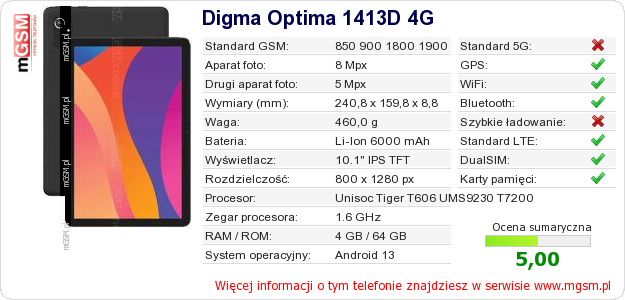 Dane telefonu Digma Optima 1413D 4G