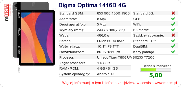 Dane telefonu Digma Optima 1416D 4G Dane telefonu Digma Optima 1416D 4G