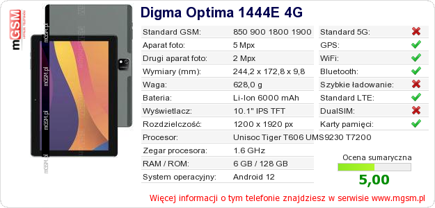 Dane telefonu Digma Optima 1444E 4G Dane telefonu Digma Optima 1444E 4G