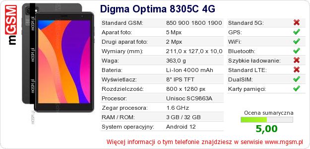 Dane telefonu Digma Optima 8305C 4G Dane telefonu Digma Optima 8305C 4G