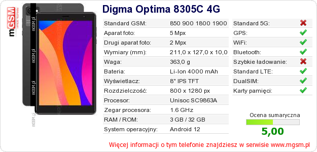 Dane telefonu Digma Optima 8305C 4G