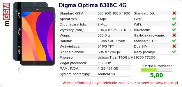 Dane telefonu Digma Optima 8306C 4G Dane telefonu Digma Optima 8306C 4G