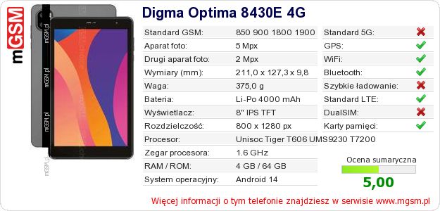 Dane telefonu Digma Optima 8430E 4G Dane telefonu Digma Optima 8430E 4G