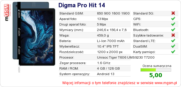 Dane telefonu Digma Pro Hit 14 Dane telefonu Digma Pro Hit 14