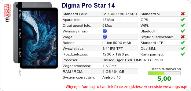 Dane telefonu Digma Pro Star 14 Dane telefonu Digma Pro Star 14