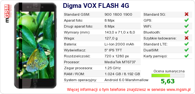Dane telefonu Digma VOX FLASH 4G Dane telefonu Digma VOX FLASH 4G