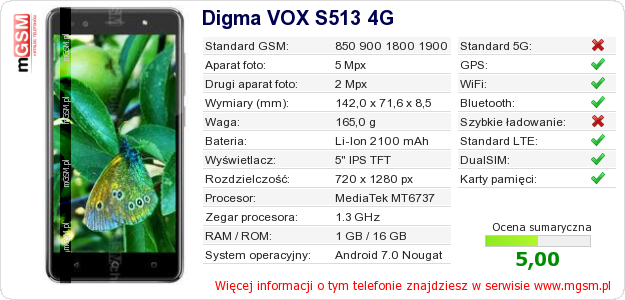 Dane telefonu Digma VOX S513 4G